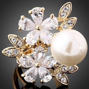 Luxusní prsten, žluté zlato, perla, růže, Swarovski krystal J1095