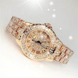 Luxusní zlaté dámské hodinky osázené krystaly v boxu