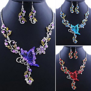 Luxusní set - štrasový náhrdelník + náušnice barevný krystal - motýl