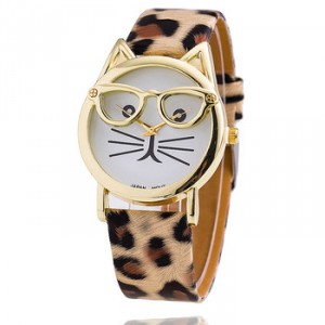 Zajímavé dámské hodinky kočka s brýlemi - zvířecí opasek