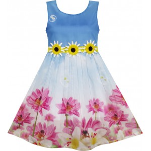 Dětské, dívčí letní šaty modré s 3D slunečnicemi