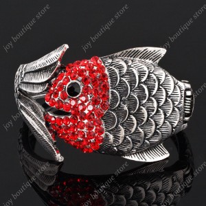 Luxusní módní stříbrný masivní dámský náramek ryba červený Swarovski krystal 
