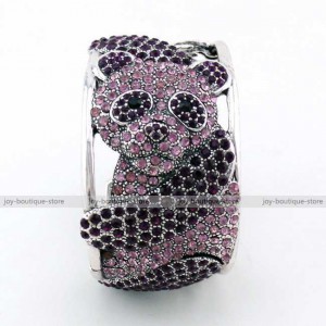 Luxusní stříbrný masivní dámský náramek medvídek panda fialový Swarovski krystal 