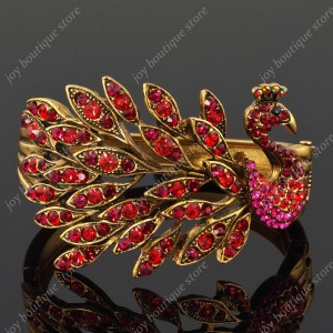Luxusní velký zlatý masivní dámský náramek páv červený Swarovski krystal 