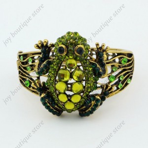 Luxusní velký zlatý masivní dámský náramek žába zelený Swarovski krystal 