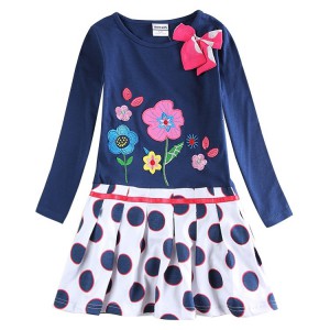 Dětské dívčí šaty, tunika s dlouhým rukávem modrá s puntíky a kytičkami