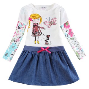 Dětské dívčí šaty, tunika s dlouhým rukávem modrá s holčičkou a pejskem