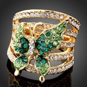 Luxusní prsten, žluté zlato, motýl, bílý a zelený Swarovski krystal J0546