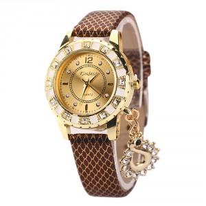 Módní zlaté dámské hodinky s krystaly a přívěškem páva - zlatohnědé