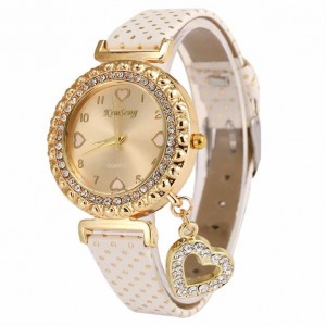Módní zlaté dámské hodinky s krystaly a přívěškem srdce - bílé