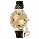Módní zlaté dámské hodinky s krystaly a přívěškem srdce - černé