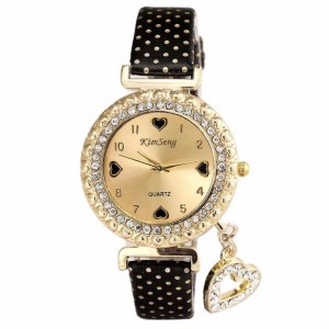 Módní zlaté dámské hodinky s krystaly a přívěškem srdce - černé
