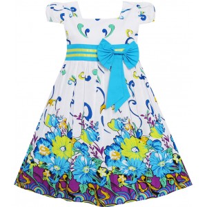 Dětské, dívčí šaty bílé s modrými květy a rukávky