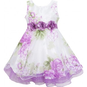 Dětské, dívčí společenské šaty bílé s fialovými květy pivoněk