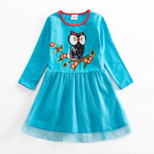 Dětské dívčí šaty, tunika s dlouhým rukávem modrá se sovičkou
