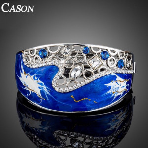 Luxusní stříbrný masivní náramek s krystaly, modrý s olejomalbou