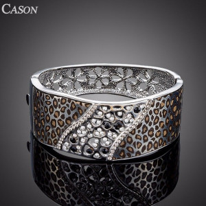 Luxusní stříbrný masivní náramek s krystaly, motiv leoparda