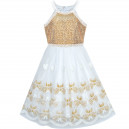 Dětské slavnostní šaty, šaty pro družičku, bílé vyšívané se zlatými motýlky