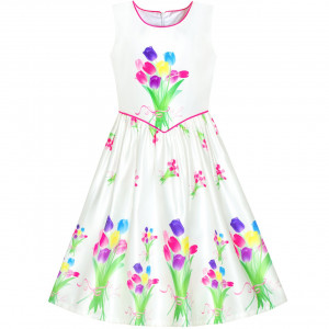 Dětské, dívčí letní šaty bílé s pestrými tulipány