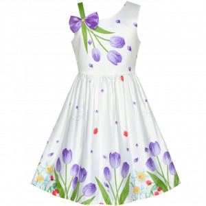 Dětské, dívčí letní šaty bílé 3D fialové tulipány