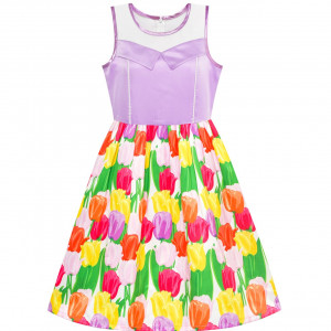 Dětské, dívčí letní šaty fialové s barevnými tulipány