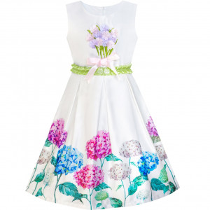 Dětské, dívčí letní šaty bílé s pestrými hortenziemi