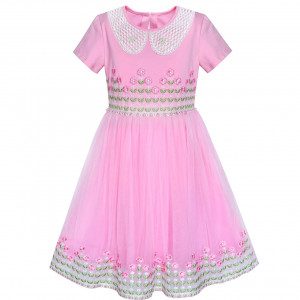 Dětské, dívčí letní šaty růžové s rukávky a výšivkou květin