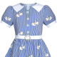 Dívčí šaty s rukávky ve stylu školní uniformy, modré proužkové s labutěmi