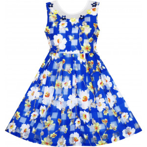 Dětské, dívčí letní šaty modré květinové s perličkami