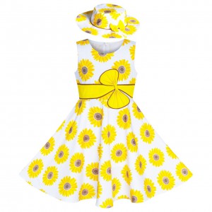 Dětské, dívčí šaty bílé se žlutými slunečnicemi a s kloboučkem 
