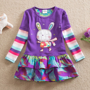 Dětské dívčí šaty, tunika s dlouhým rukávem fialová s králíčkem