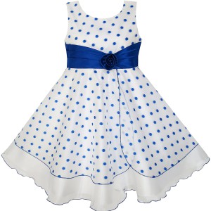 Dětské, dívčí společenské šaty bílé s modrými puntíky a mašlí v pase
