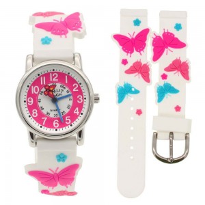 Dětské, dívčí, silikonové hodinky 3D s motýlky, voděodolné - bílé