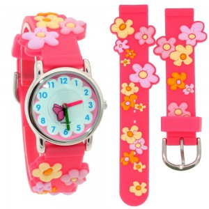 Dětské, dívčí, silikonové hodinky 3D květiny, voděodolné - růžové