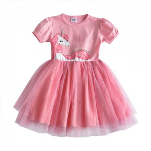Dětské dívčí šaty, tunika krátký rukáv, růžová s jednorožcem