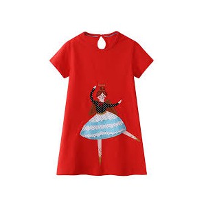 Dětské dívčí šaty, tunika krátký rukáv, červená s baletkou