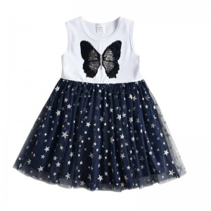 Dětské dívčí šaty, tunika krátký rukáv, tmavě modré s motýlkem