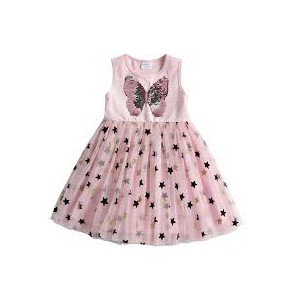 Dětské dívčí šaty, tunika krátký rukáv, jemně růžové s motýlkem