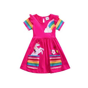 Dívčí šaty, tunika s krátkým rukávem a jednorožcem - růžová