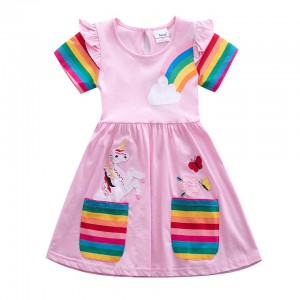 Dívčí šaty, tunika s krátkým rukávem a jednorožcem - jemně růžová