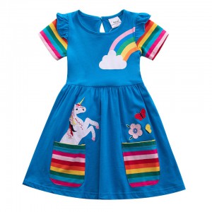 Dívčí šaty, tunika s krátkým rukávem a jednorožcem - modrá