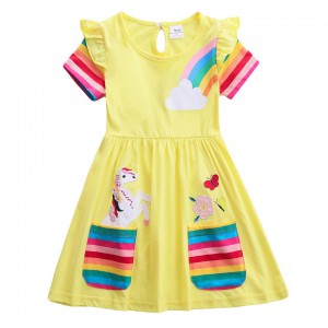 Dívčí šaty, tunika s krátkým rukávem a jednorožcem - žlutá