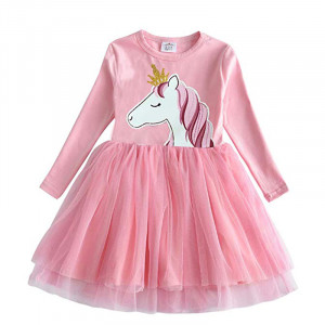 Dětské dívčí šaty, tunika s dlouhým rukávem s jednorožcem - růžové
