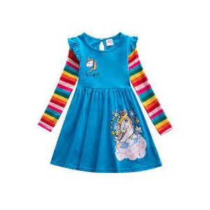 Dívčí šaty, tunika s dlouhým rukávem a proužky - modrá Unicorn