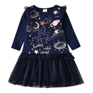 Dětské dívčí šaty, tunika s dlouhým rukávem modrá - vesmír
