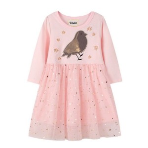 Dívčí šaty, tunika s ptáčkem a tylovou sukní růžová